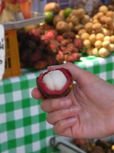We bought a bunch of fruits one morning.  I had my first Mangosteen (above), Lychee, and Dragonfruit.