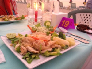 Glass noodles with chicken, a good gin and tonic and a table on the beach what more do you need?